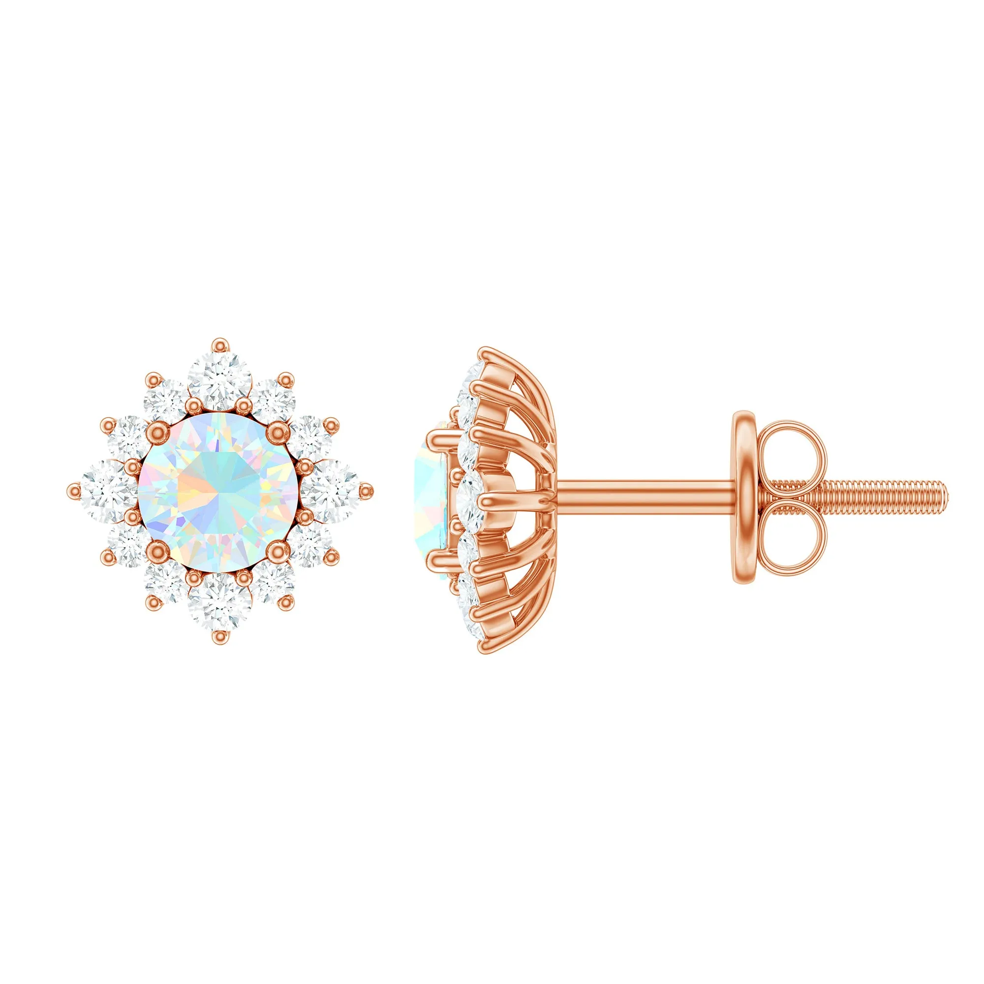 1 CT Classic Ethiopian Opal Stud Earrings with Diamond Halo