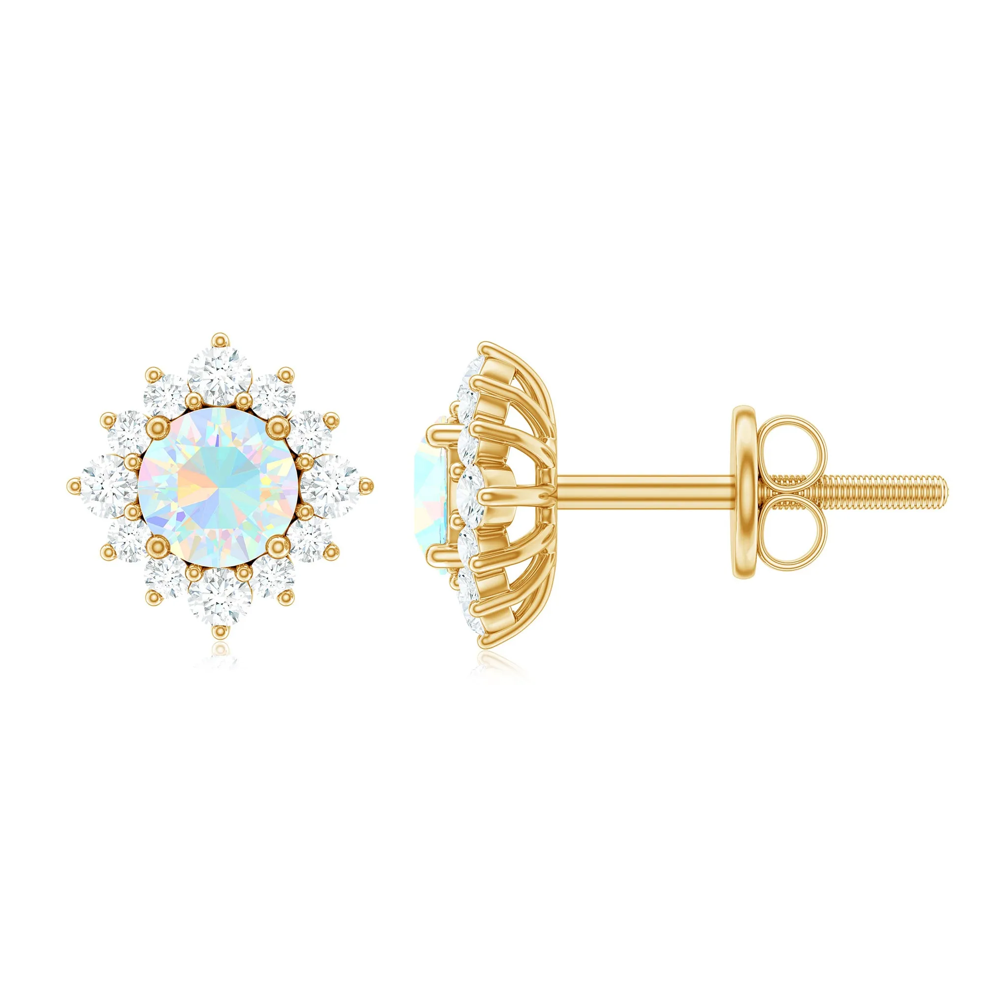 1 CT Classic Ethiopian Opal Stud Earrings with Diamond Halo
