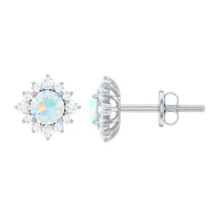 1 CT Classic Ethiopian Opal Stud Earrings with Diamond Halo