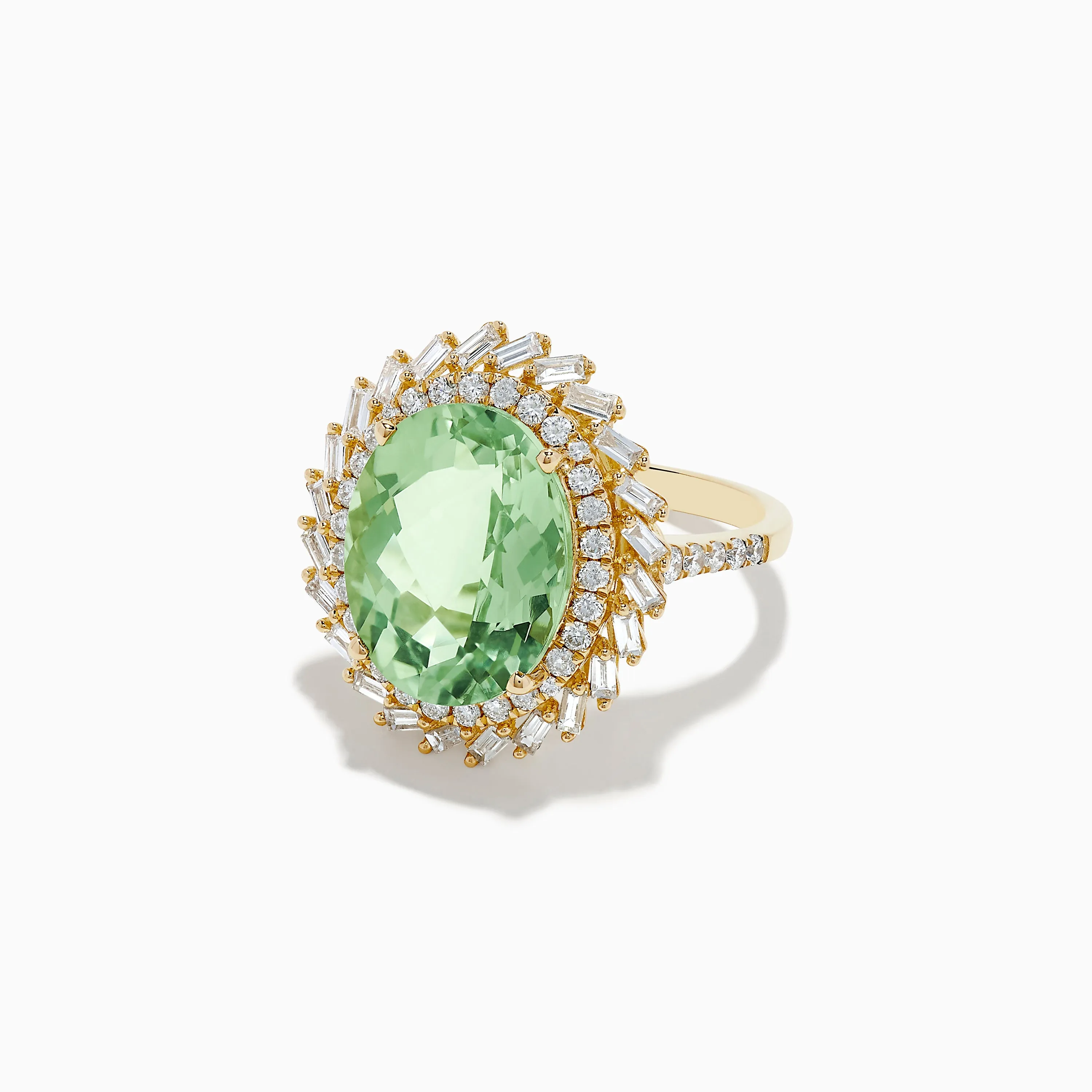 14K Yellow Gold Green Amethyst and Diamond Cocktail Ring