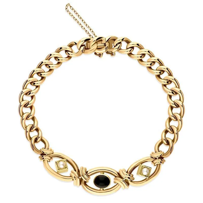 15ct Yellow Gold Whitby Jet Pearl Round Link Bracelet D