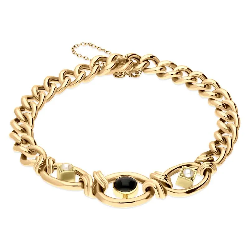 15ct Yellow Gold Whitby Jet Pearl Round Link Bracelet D