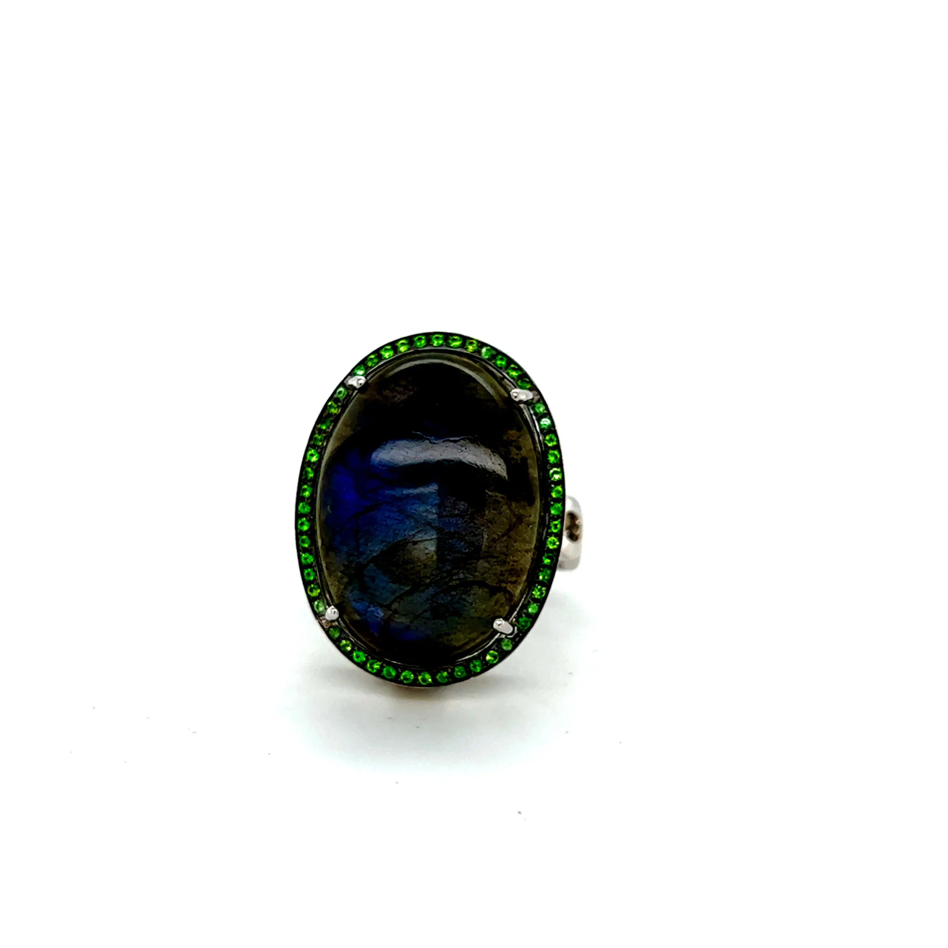 18kt White Gold Blue Kyanite   Green Tsavorite Cocktail Ring