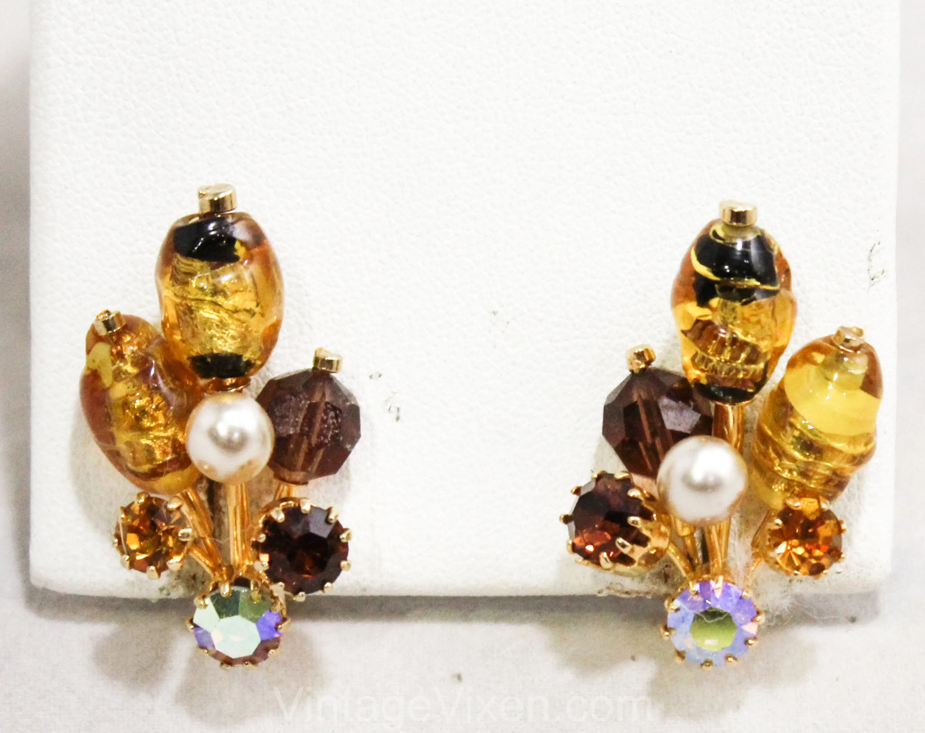1950s Brown Rhinestone Earrings - Fall Art Glass 50s Clips by Kramer - Foiled Gold - Faux Pearls & Root Beer - Beautiful Burst Style - 50438
