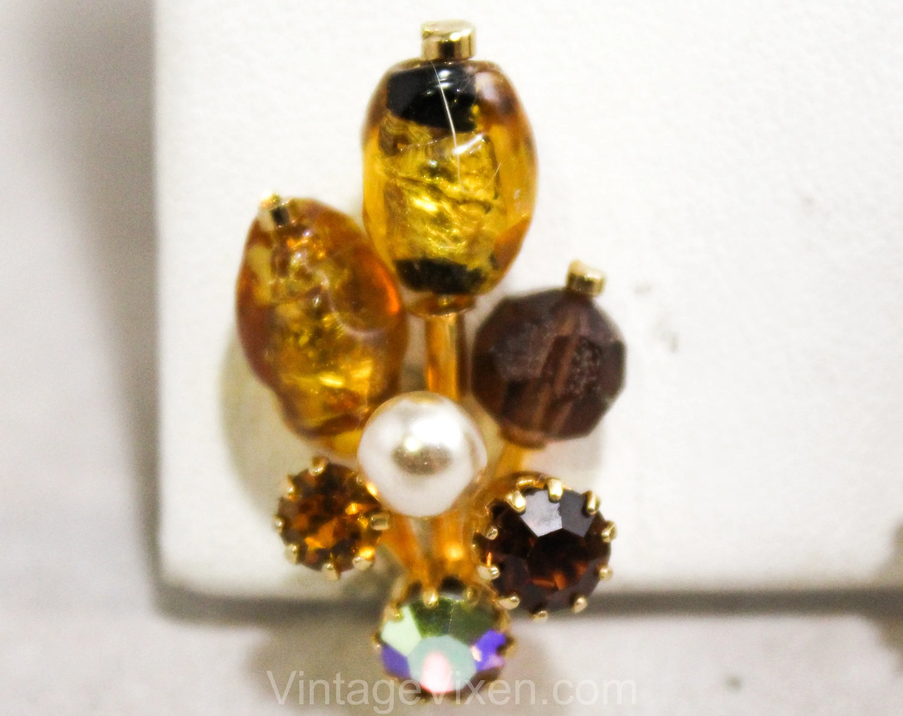 1950s Brown Rhinestone Earrings - Fall Art Glass 50s Clips by Kramer - Foiled Gold - Faux Pearls & Root Beer - Beautiful Burst Style - 50438