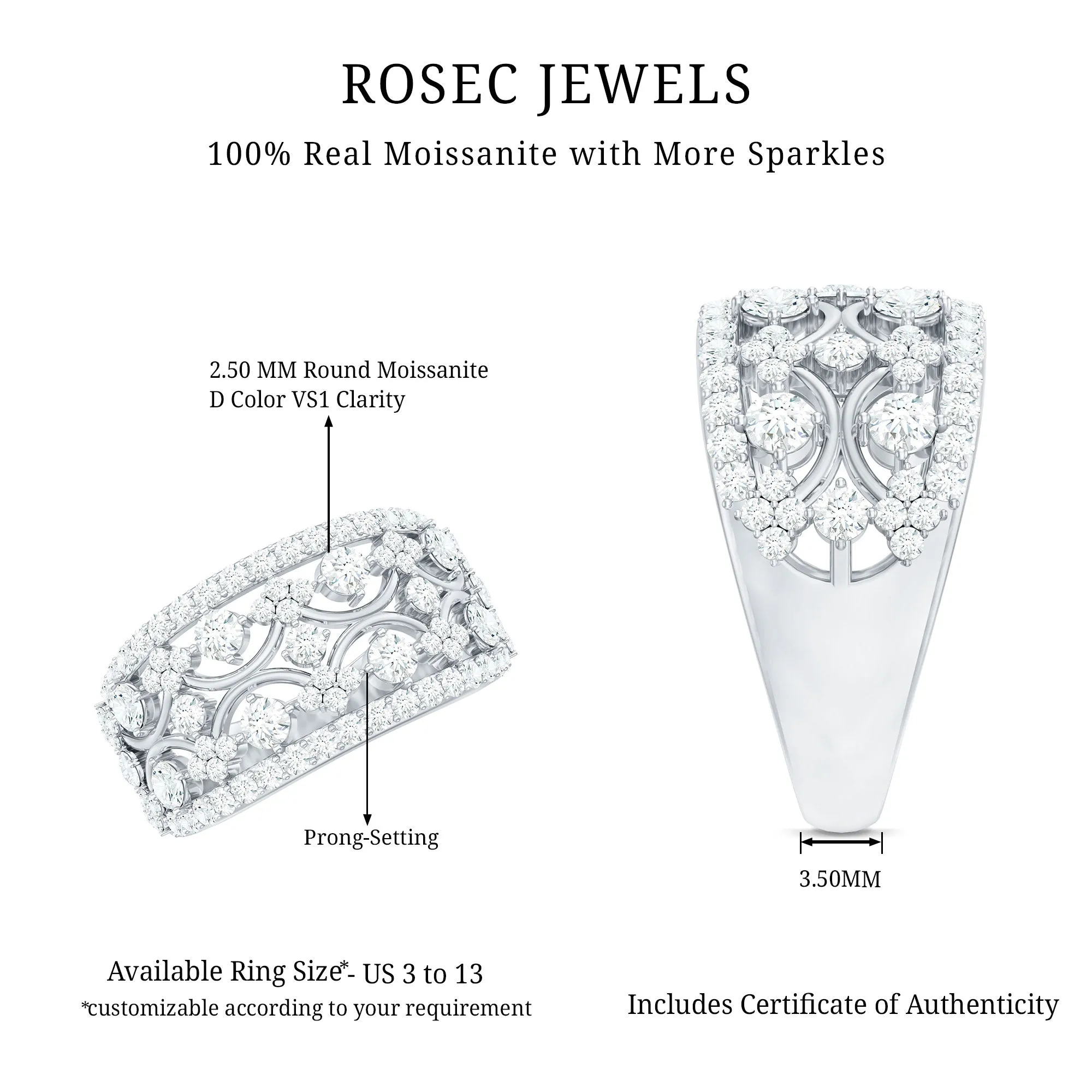 2.50 CT Certified Moissanite Statement Wedding Band Ring