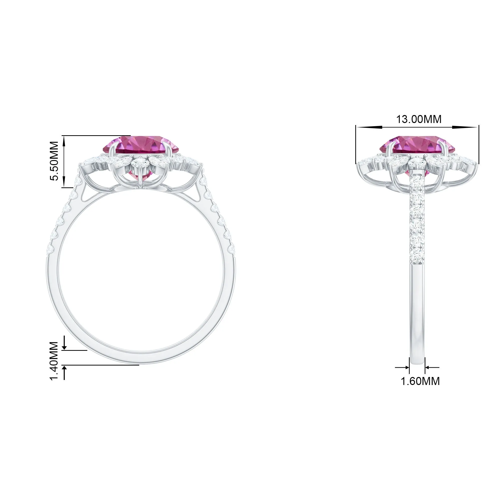 3 CT Round Pink Tourmaline Statement Ring with Moissanite Floral Halo