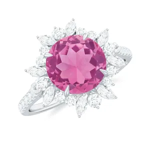 3 CT Round Pink Tourmaline Statement Ring with Moissanite Floral Halo