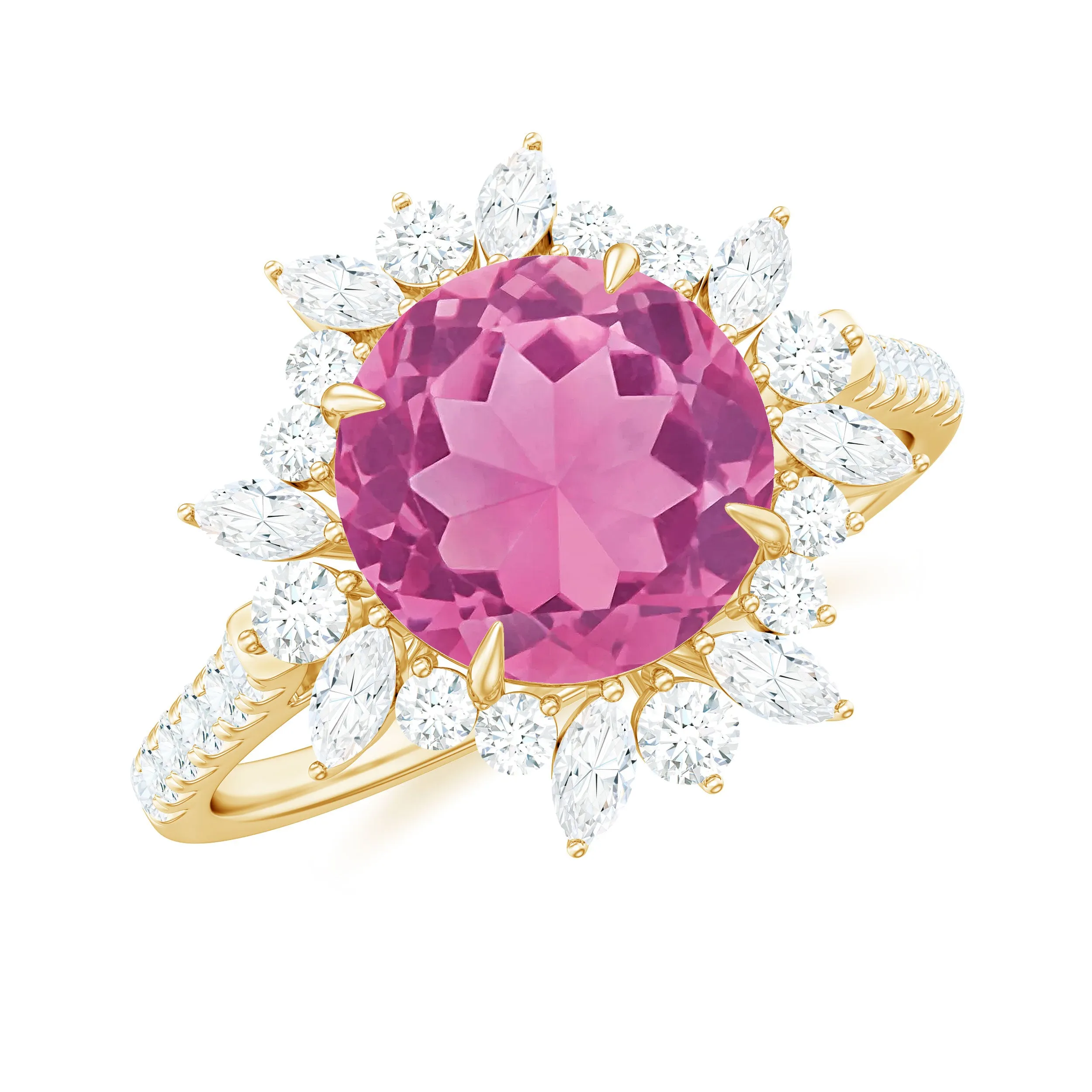 3 CT Round Pink Tourmaline Statement Ring with Moissanite Floral Halo