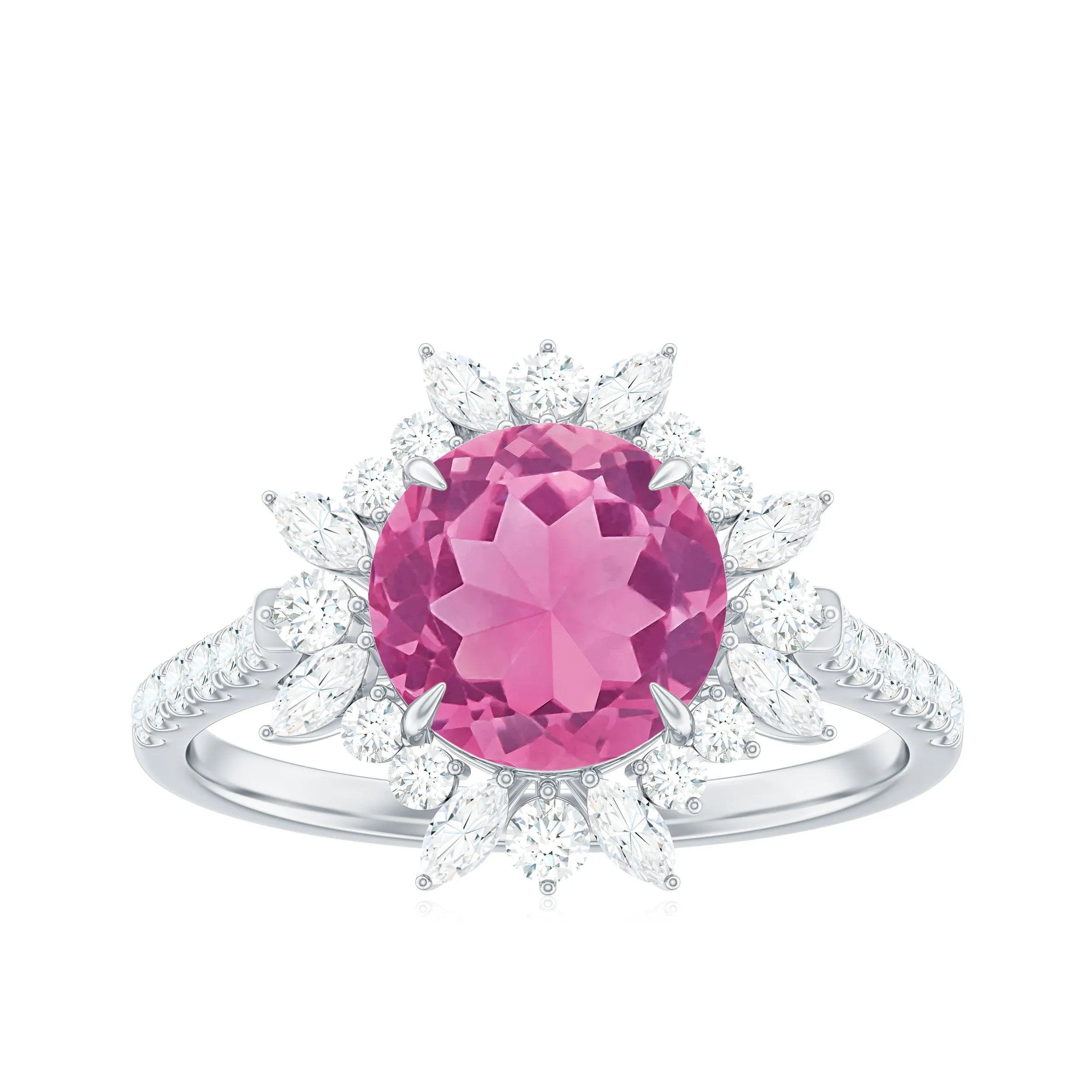 3 CT Round Pink Tourmaline Statement Ring with Moissanite Floral Halo