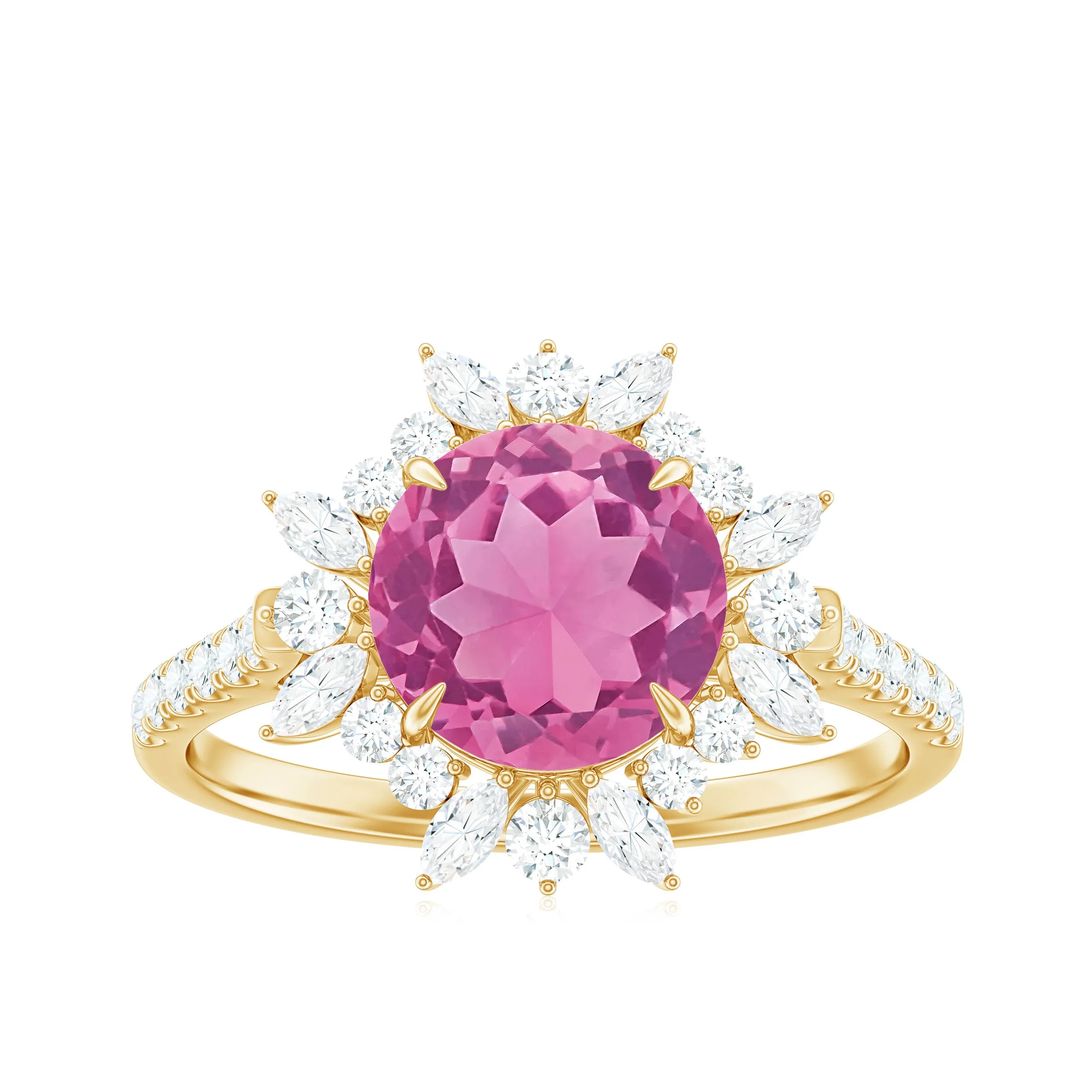 3 CT Round Pink Tourmaline Statement Ring with Moissanite Floral Halo