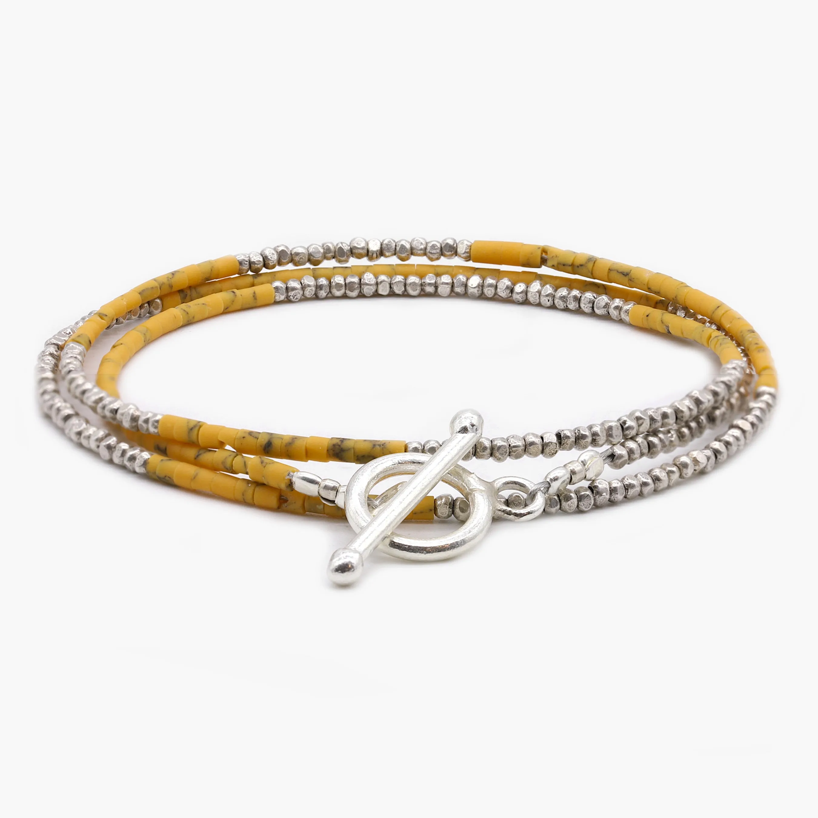 3 Laps Bracelet With Afghani And Sterling Silver Beads