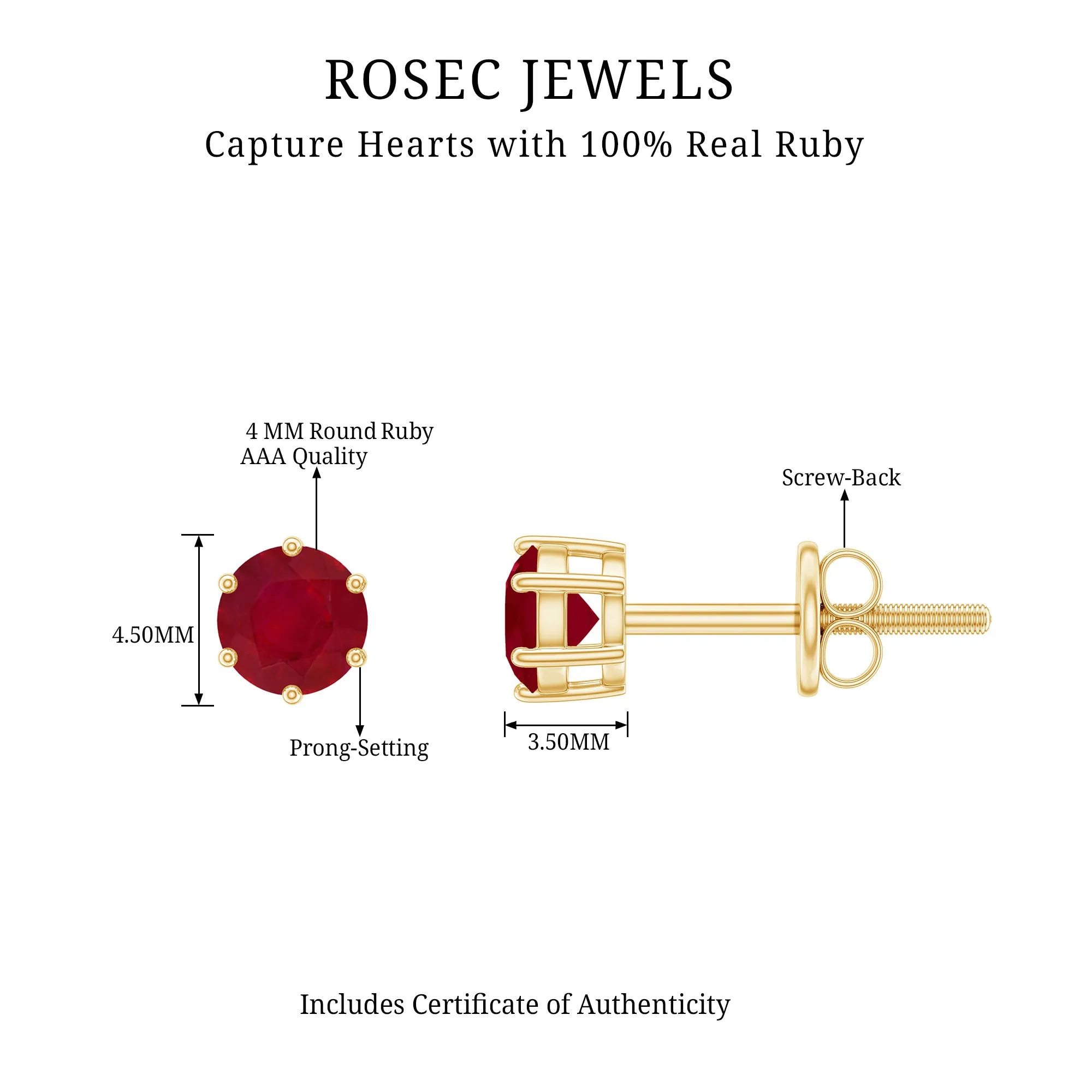 4 MM Genuine Ruby Solitaire Stud Earrings in 6 Prong Setting
