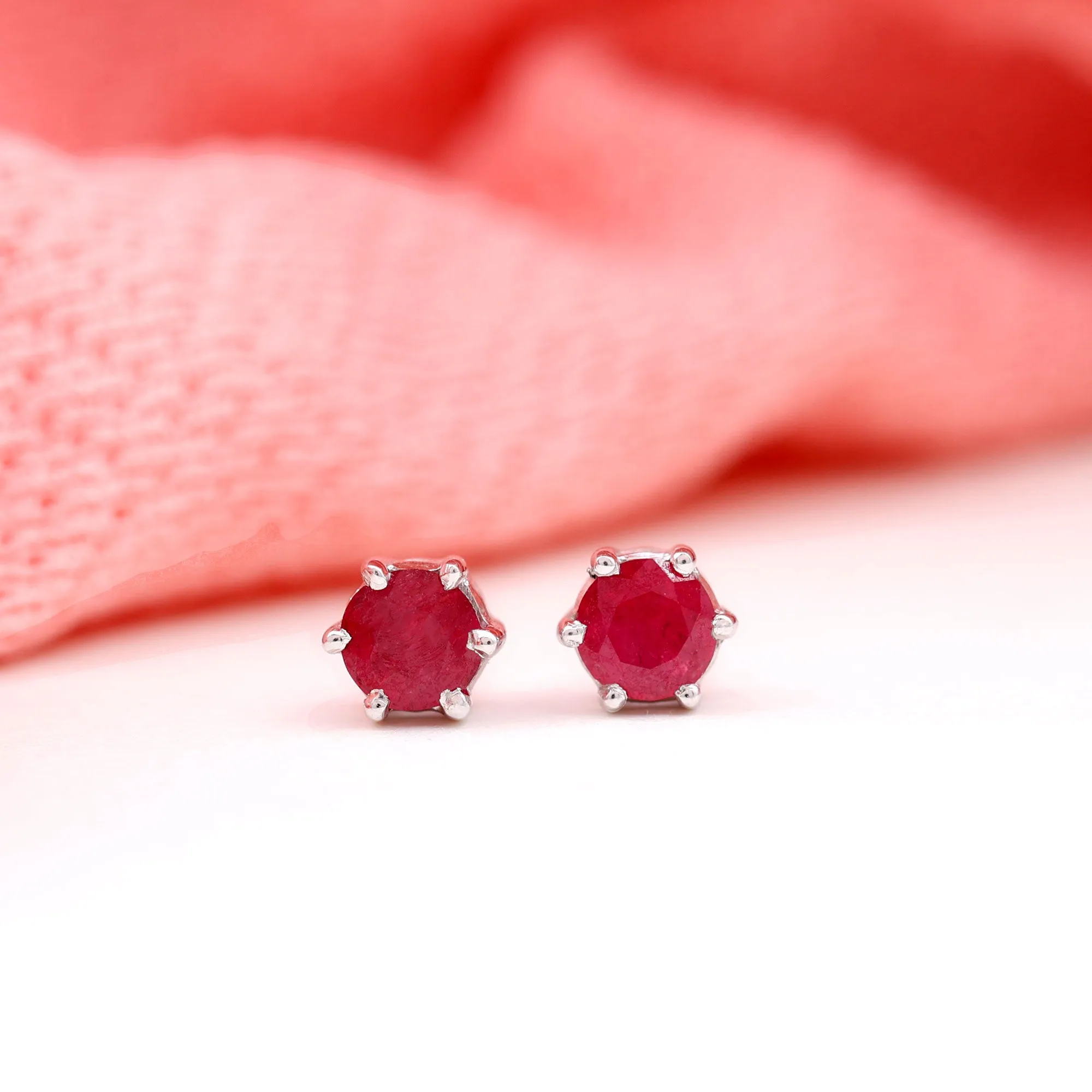 4 MM Genuine Ruby Solitaire Stud Earrings in 6 Prong Setting