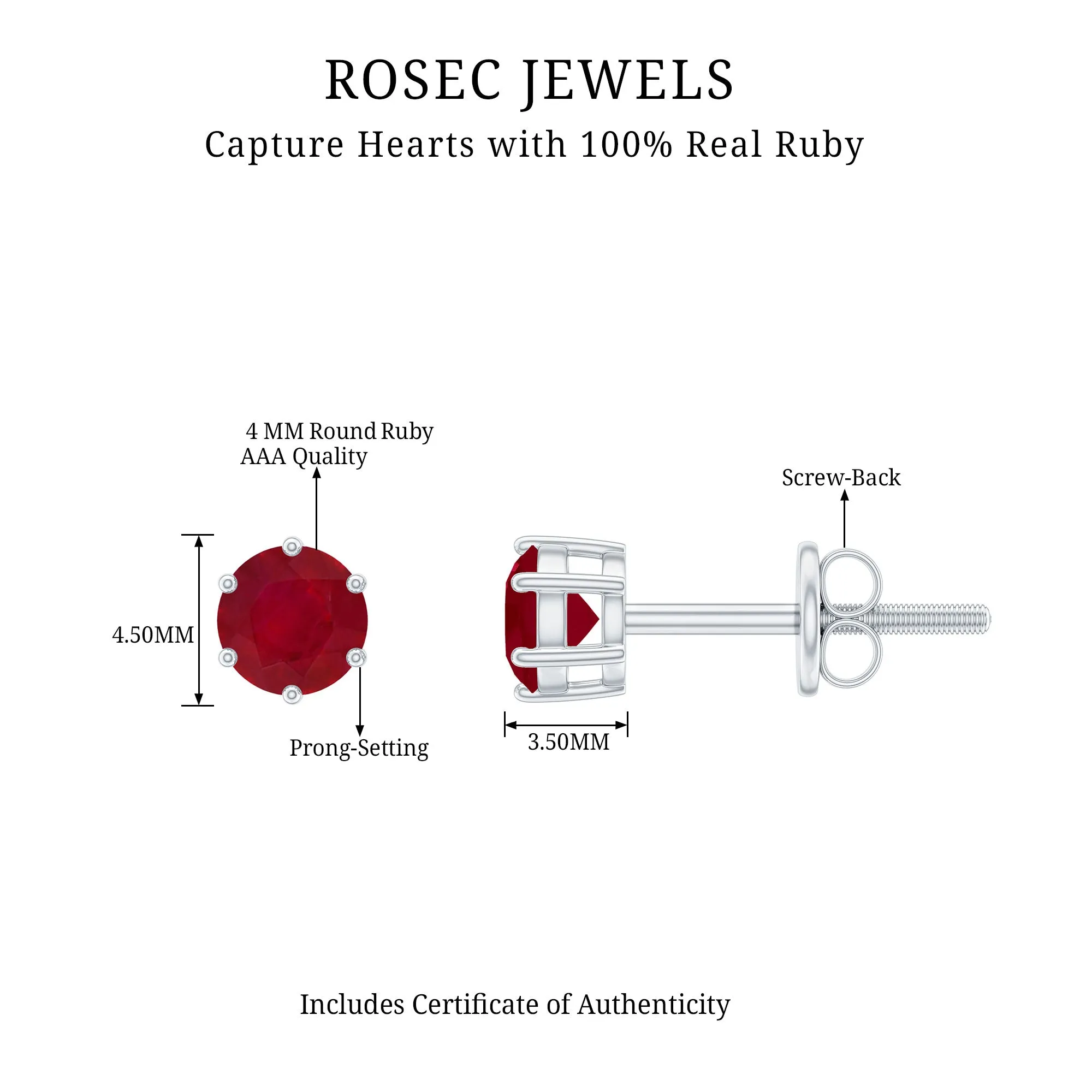 4 MM Genuine Ruby Solitaire Stud Earrings in 6 Prong Setting