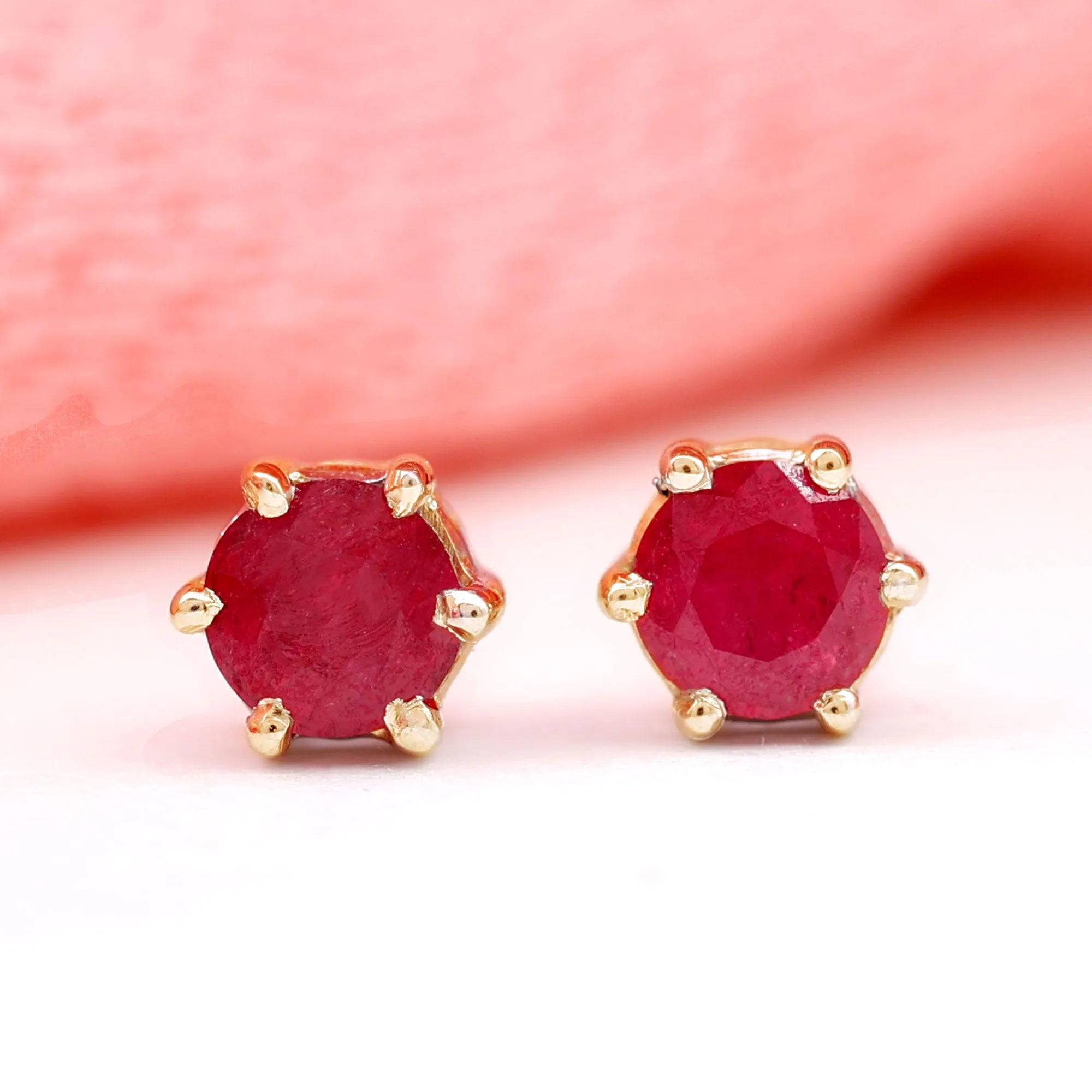 4 MM Genuine Ruby Solitaire Stud Earrings in 6 Prong Setting