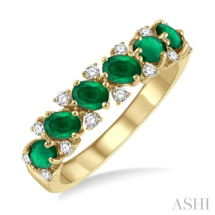 4x3 MM Oval Shape Emerald and 1/5 ctw Round Cut Diamond Precious Band in 14K Yellow Gold