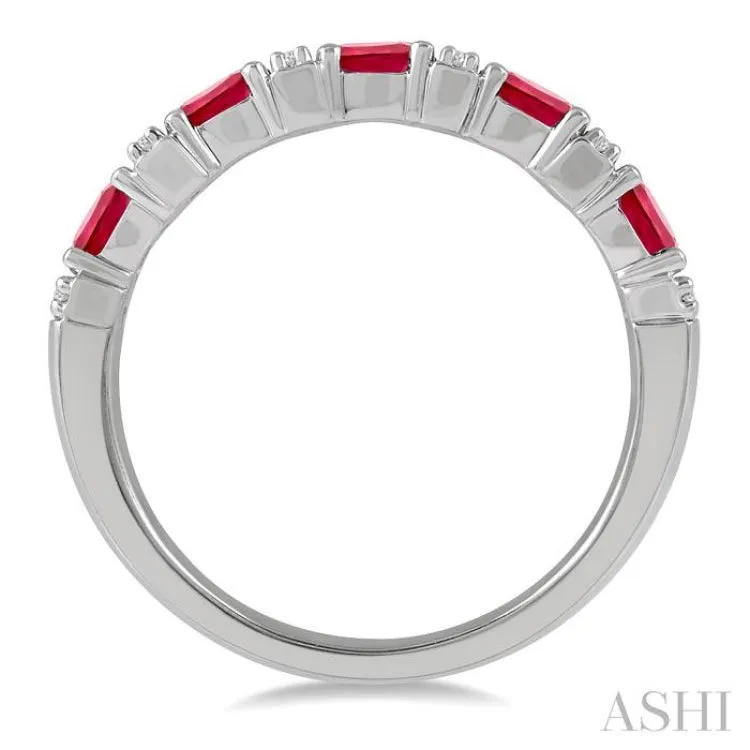 4x3 MM Oval Shape Ruby and 1/6 ctw Round Cut Diamond Precious Band in 14K White Gold