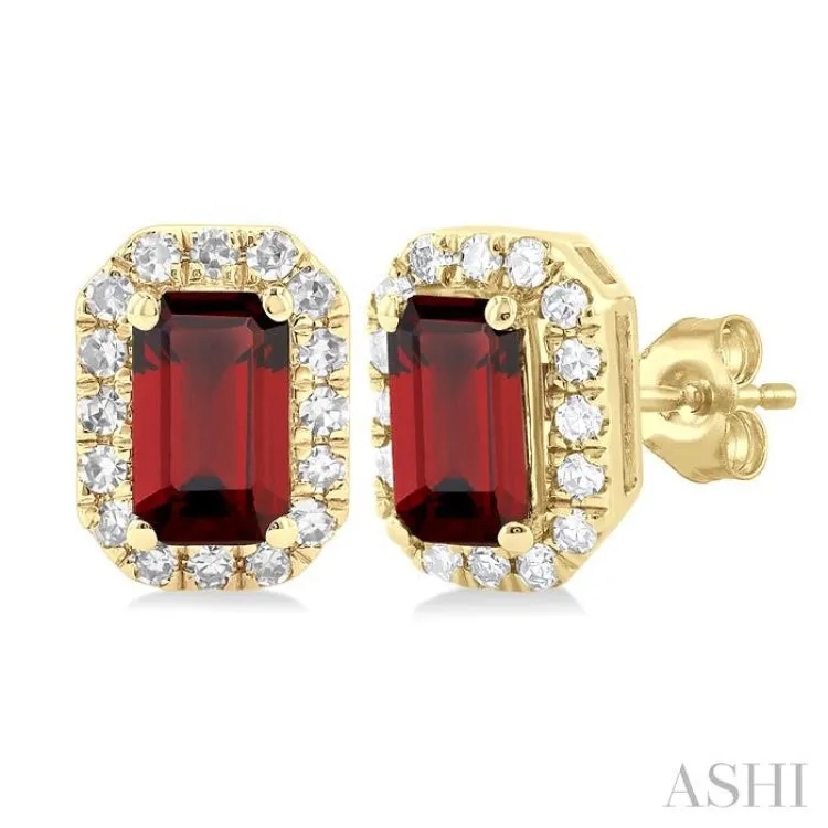 5x3 MM Octagonal Shape Garnet and 1/8 ctw Single Cut Diamond Halo Semi Precious Stud Earrings in 14K Yellow Gold