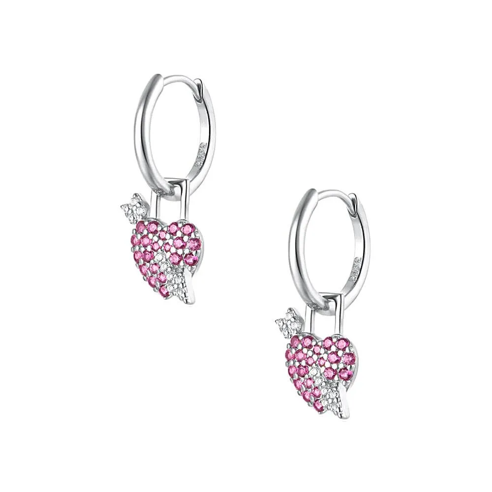 925 Silver Arrow Red Heart Sparkling Drop Huggie Earrings CZ Diamond