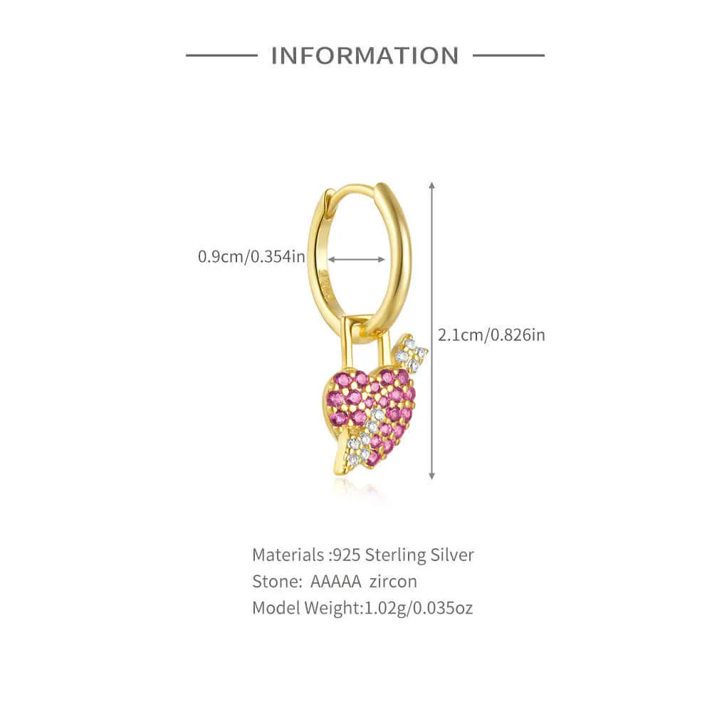 925 Silver Arrow Red Heart Sparkling Drop Huggie Earrings CZ Diamond