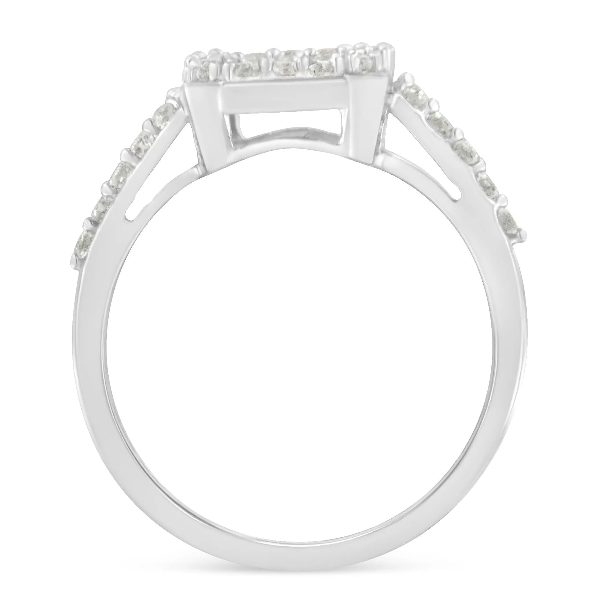 .925 Sterling Silver 1.0 Cttw Diamond Emerald-Shaped Cluster with Halo Cathedral Style Cocktail Ring (I-J Color, I3 Clarity)