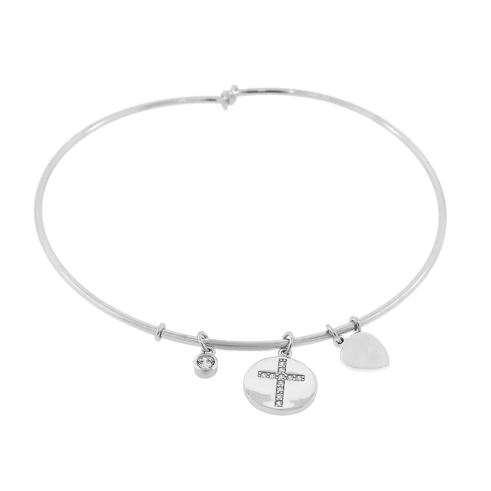 925 Sterling Silver Cross Religious Bezel-Set CZ Love Heart Bangle Bracelet