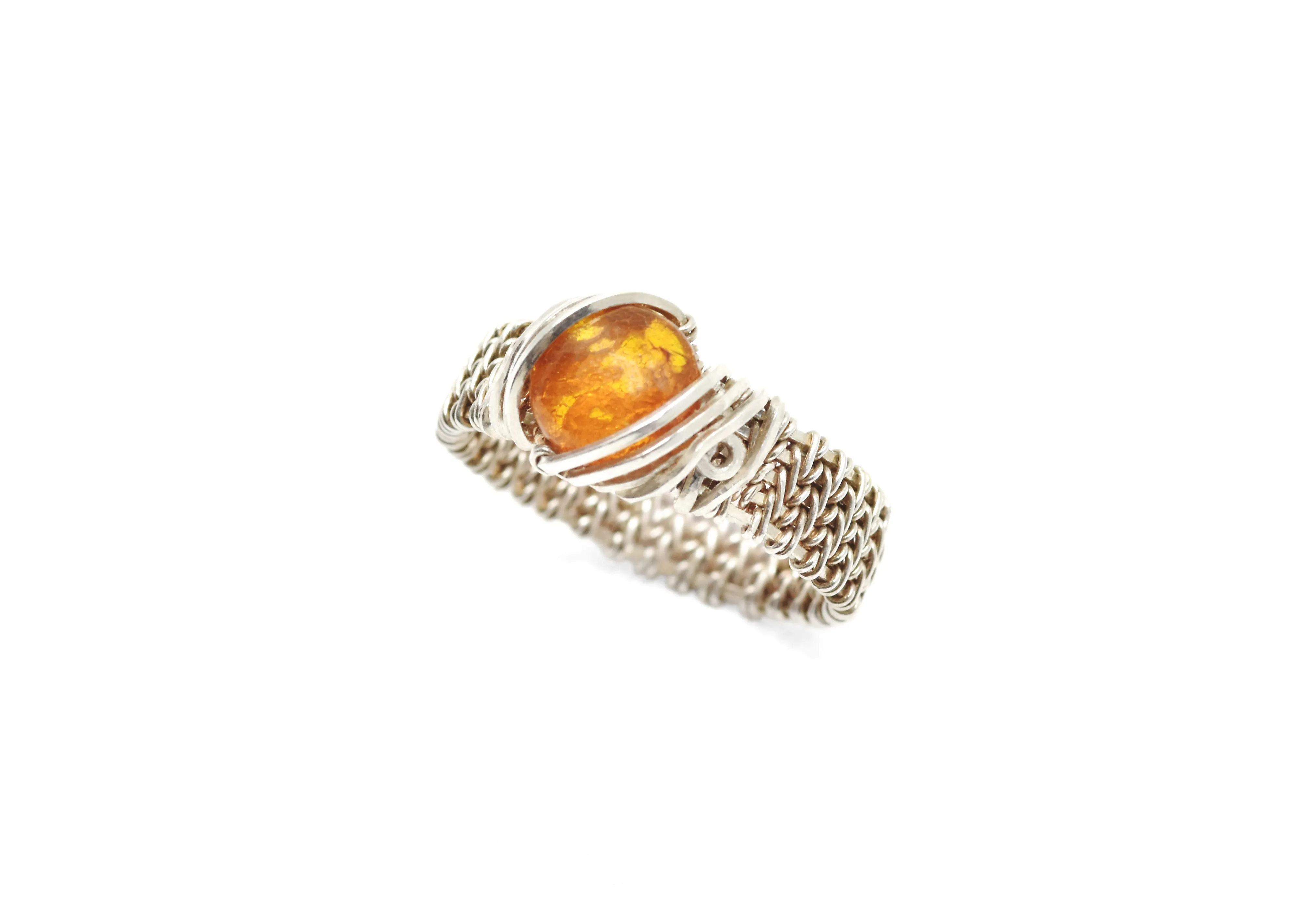 .925 Sterling Silver Wire Wrapped Amber Ring, Size 8