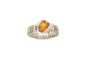 .925 Sterling Silver Wire Wrapped Amber Ring, Size 8