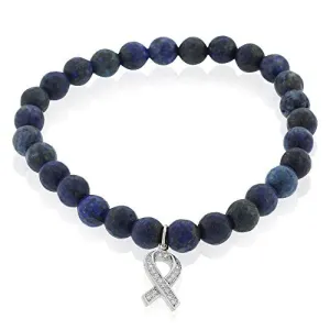 925 Sterling Silver Yellow Gold-Tone CZ Breast Cancer Awareness Ribbon Stretch Beaded Bracelet