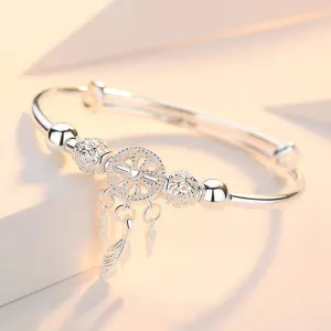 Adjustable 925 Sterling Silver Bangle Dreamcatcher Tassel Feather Round Bead Charm Bracelet Cuff For Women Elegant wedding
