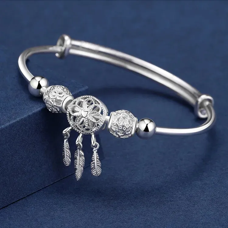 Adjustable 925 Sterling Silver Bangle Dreamcatcher Tassel Feather Round Bead Charm Bracelet Cuff For Women Elegant wedding
