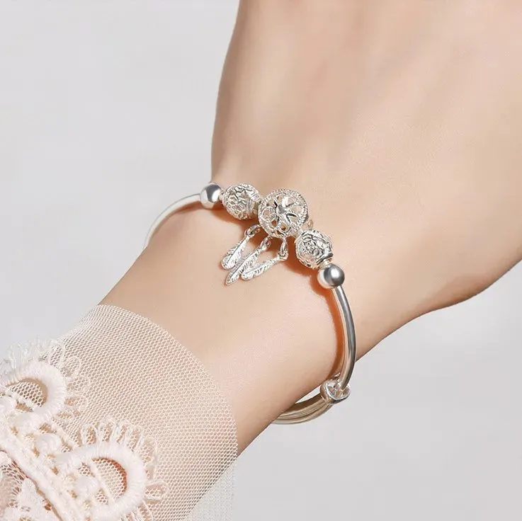Adjustable 925 Sterling Silver Bangle Dreamcatcher Tassel Feather Round Bead Charm Bracelet Cuff For Women Elegant wedding