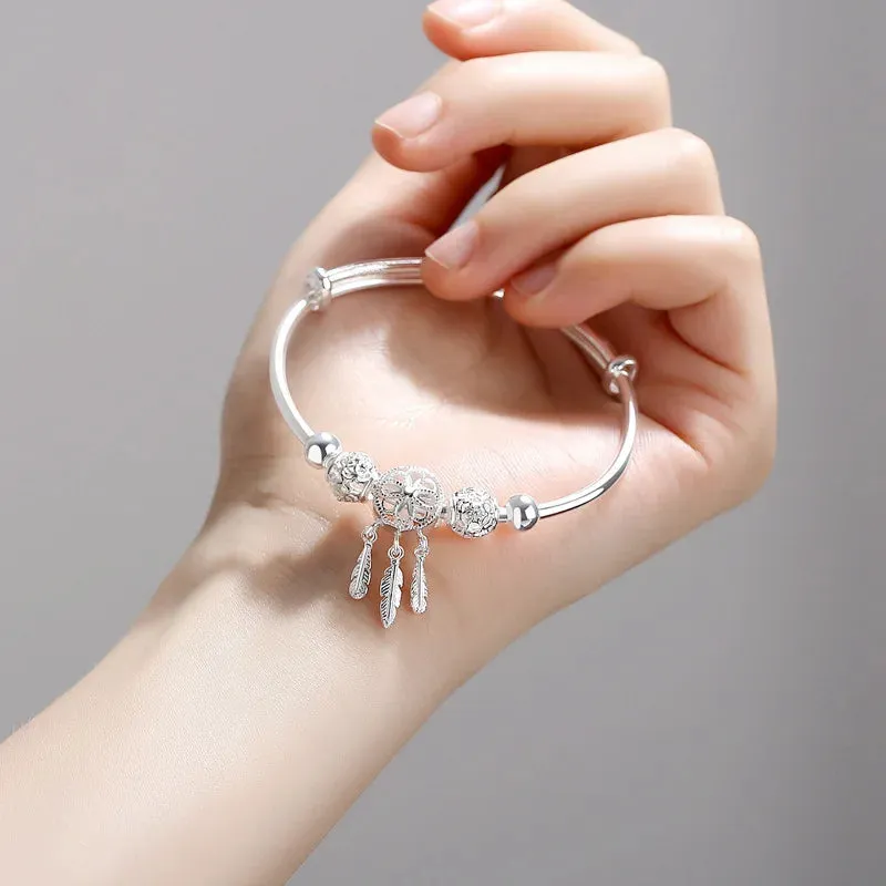 Adjustable 925 Sterling Silver Bangle Dreamcatcher Tassel Feather Round Bead Charm Bracelet Cuff For Women Elegant wedding
