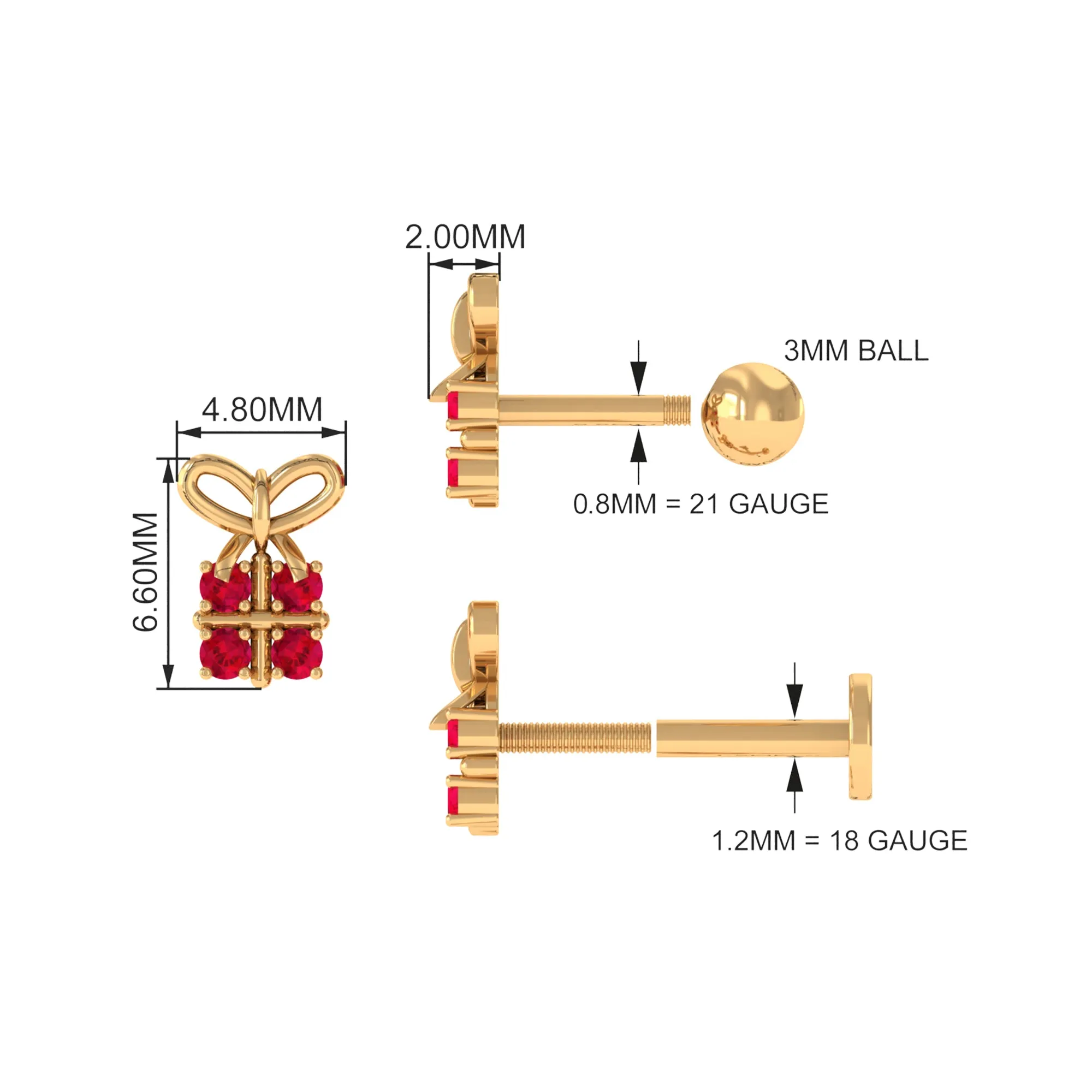 Adorable Created Ruby Gift Box Helix Earring with Gold Bow