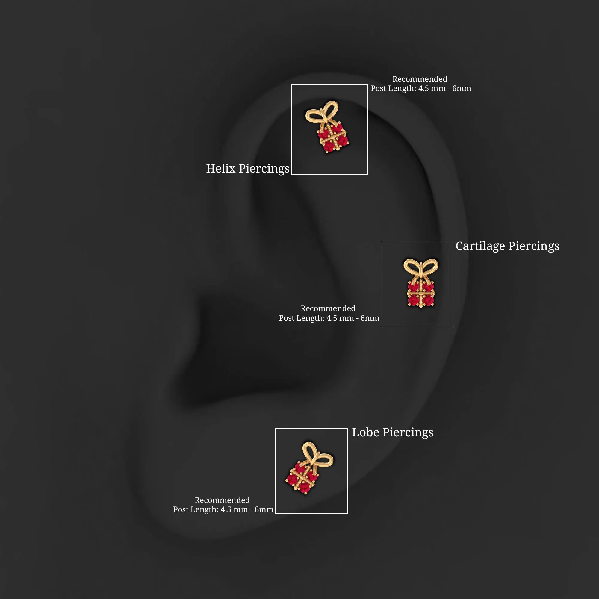 Adorable Created Ruby Gift Box Helix Earring with Gold Bow