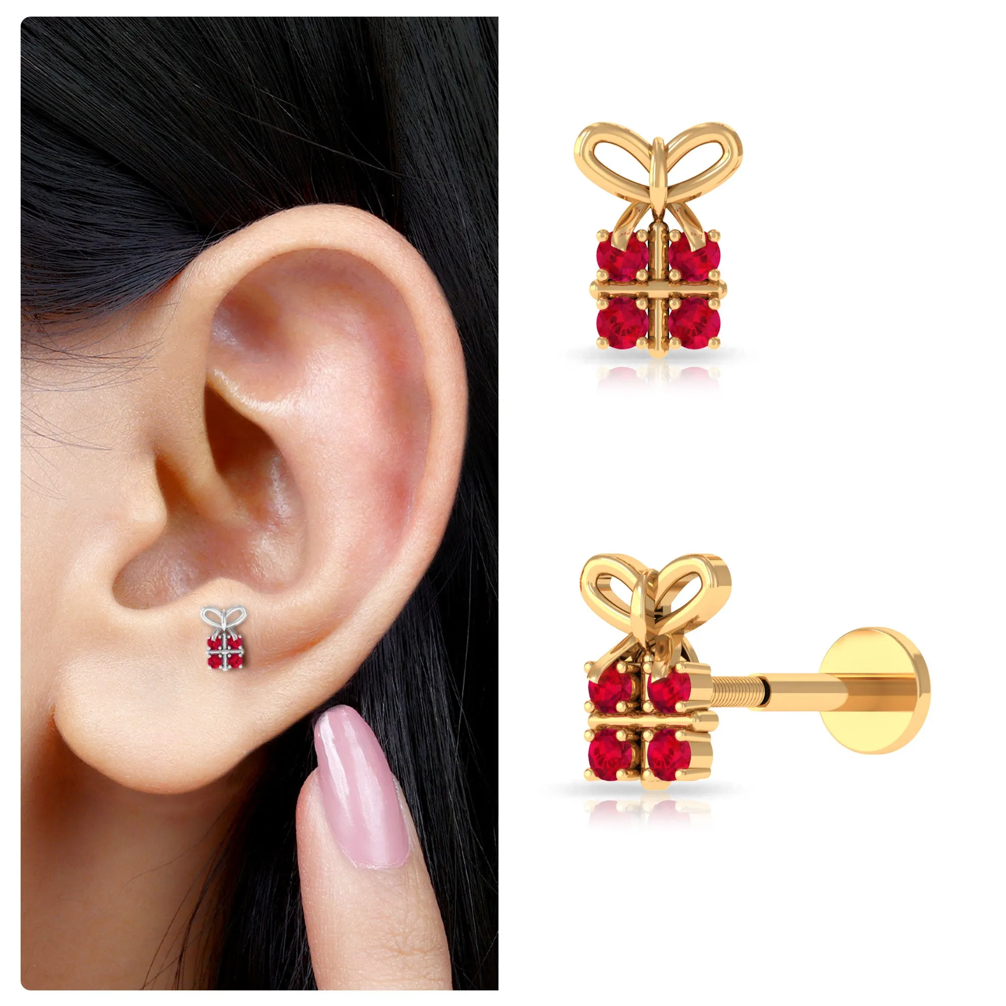Adorable Created Ruby Gift Box Helix Earring with Gold Bow