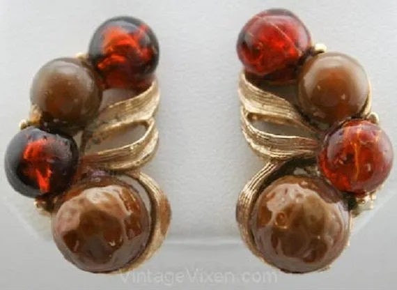 Amber Crackle Glass & Fawn Moonglow Clip Earrings - Up The Ear - Fall - Autumn - Brown Plastic 1950s Beads - 50s 60s Kramer - 30610-1