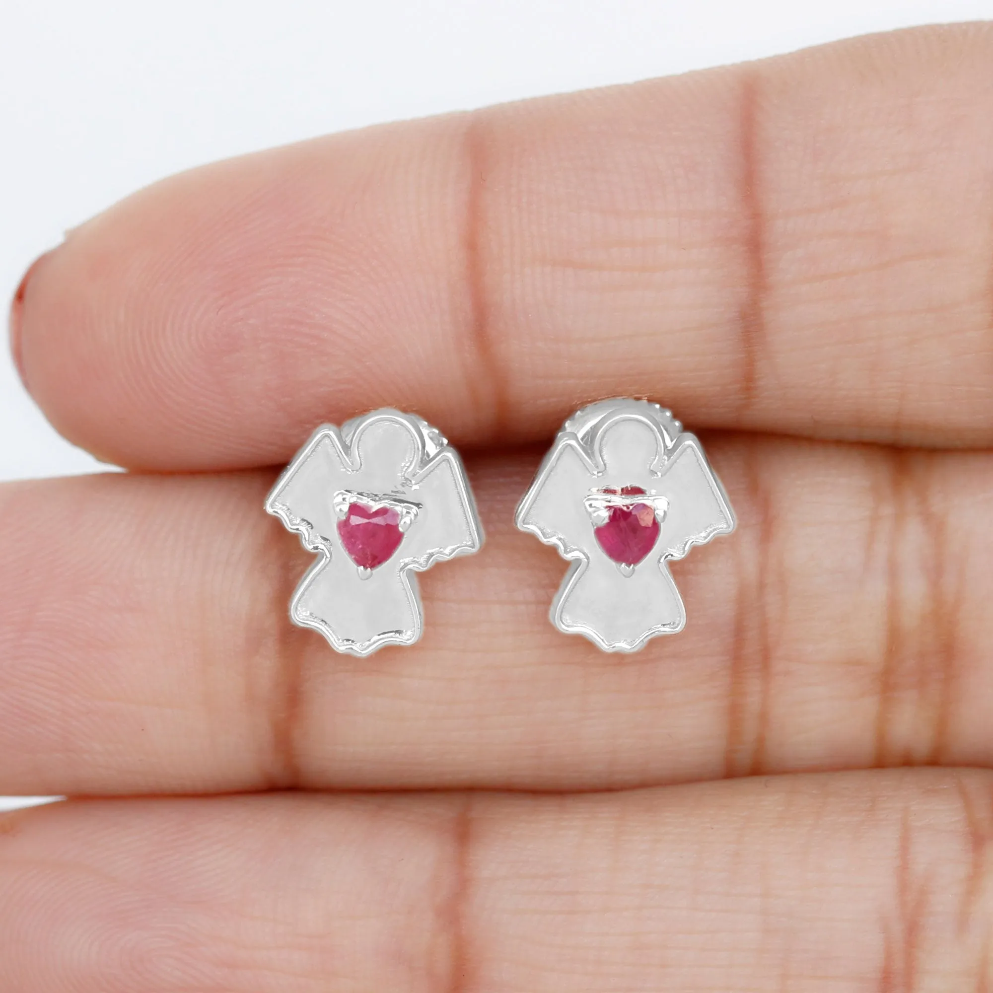 Angel Stud Earrings with Heart Shape Ruby