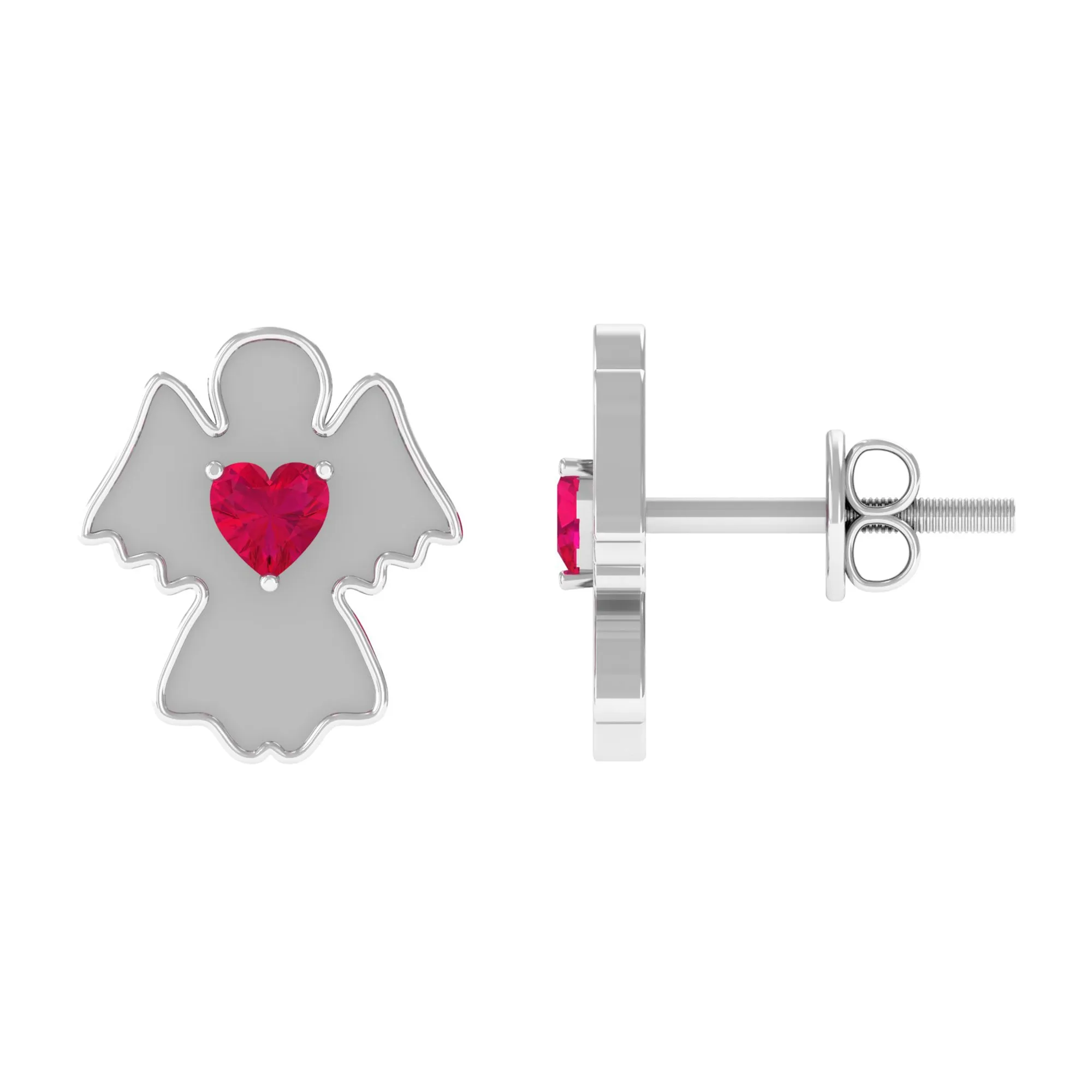 Angel Stud Earrings with Heart Shape Ruby