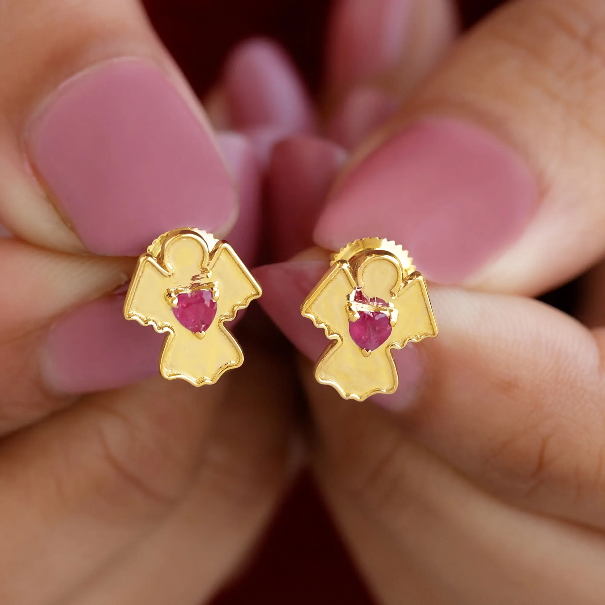 Angel Stud Earrings with Heart Shape Ruby