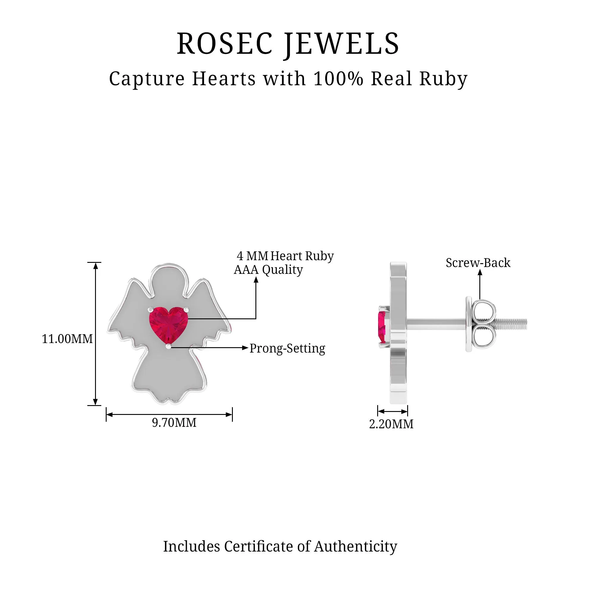 Angel Stud Earrings with Heart Shape Ruby