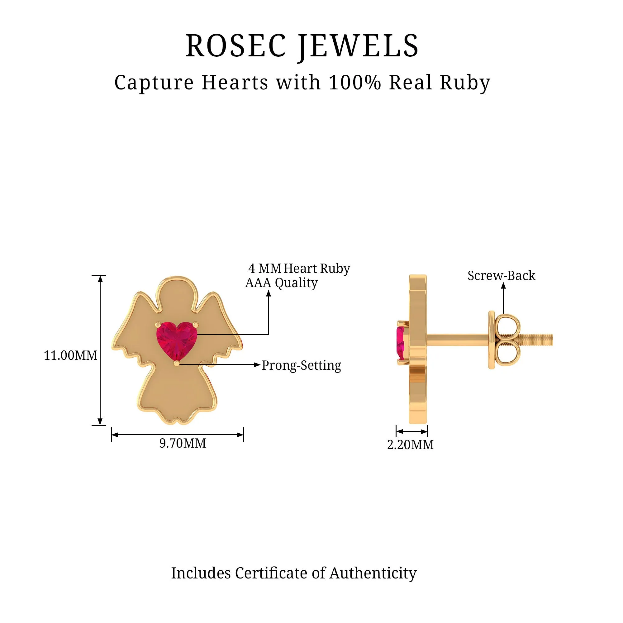 Angel Stud Earrings with Heart Shape Ruby