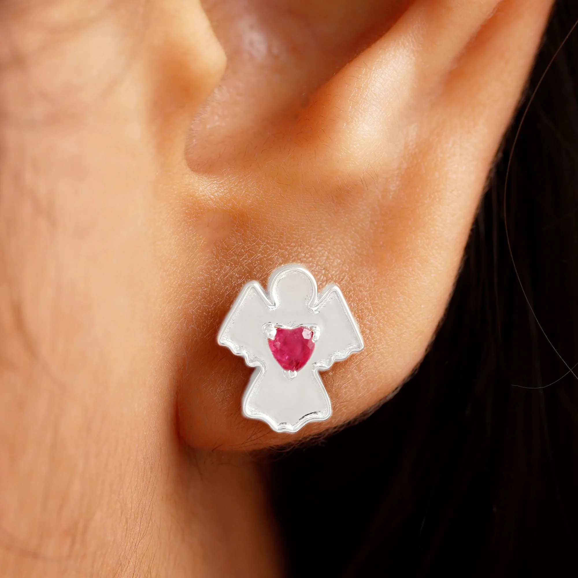 Angel Stud Earrings with Heart Shape Ruby