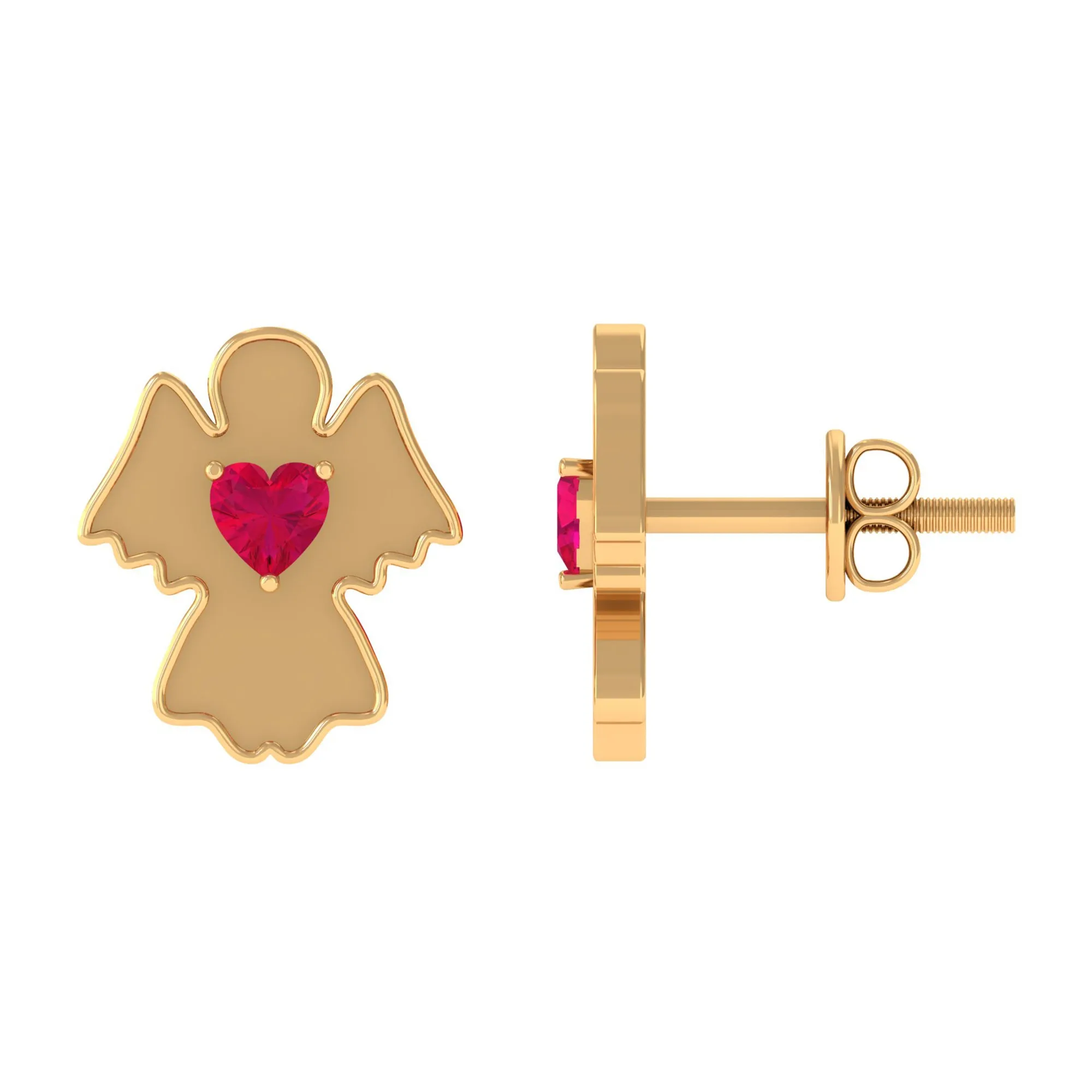 Angel Stud Earrings with Heart Shape Ruby