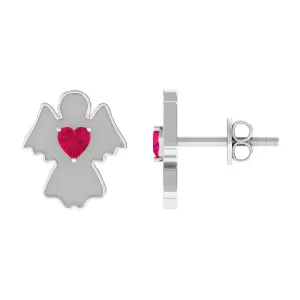 Angel Stud Earrings with Heart Shape Ruby