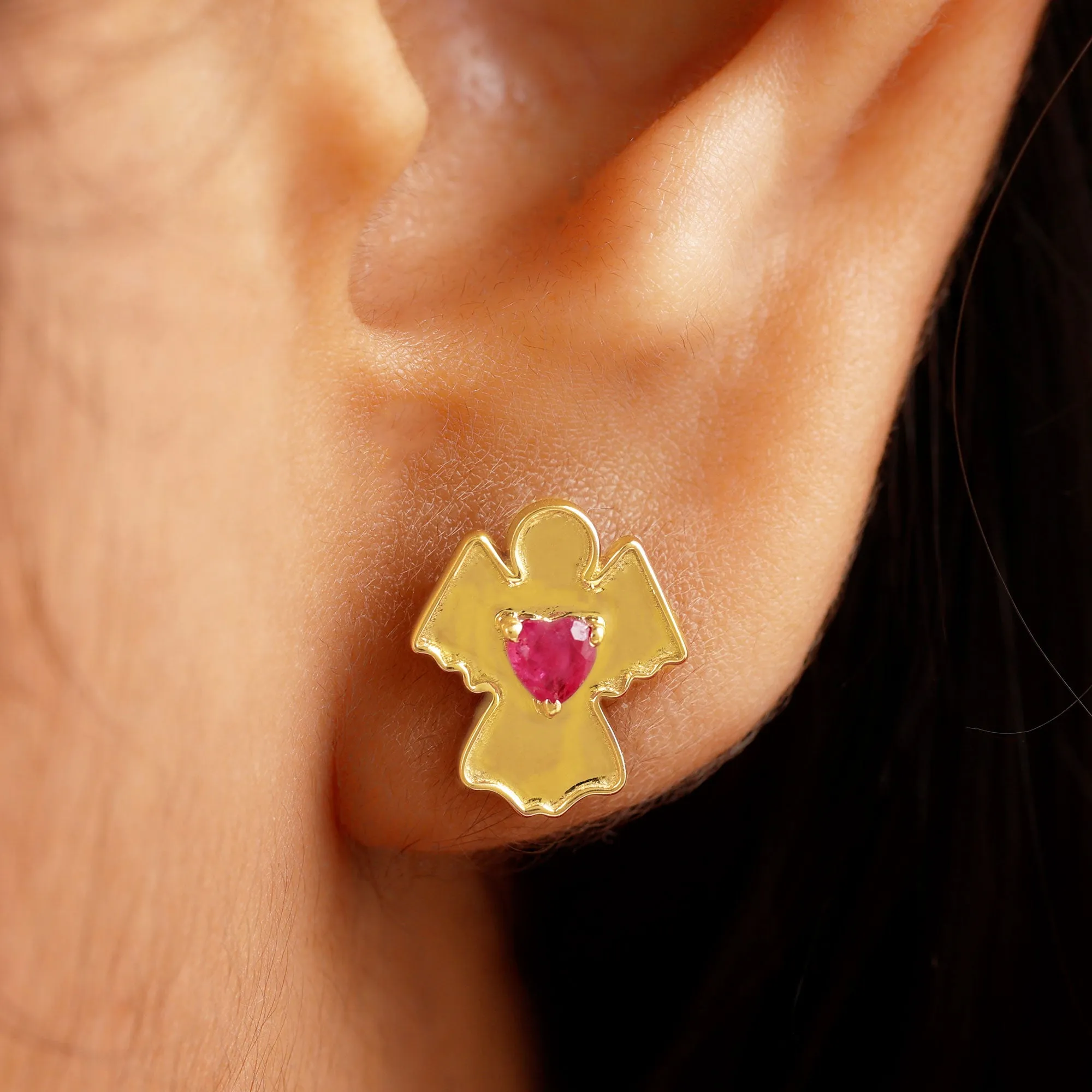 Angel Stud Earrings with Heart Shape Ruby