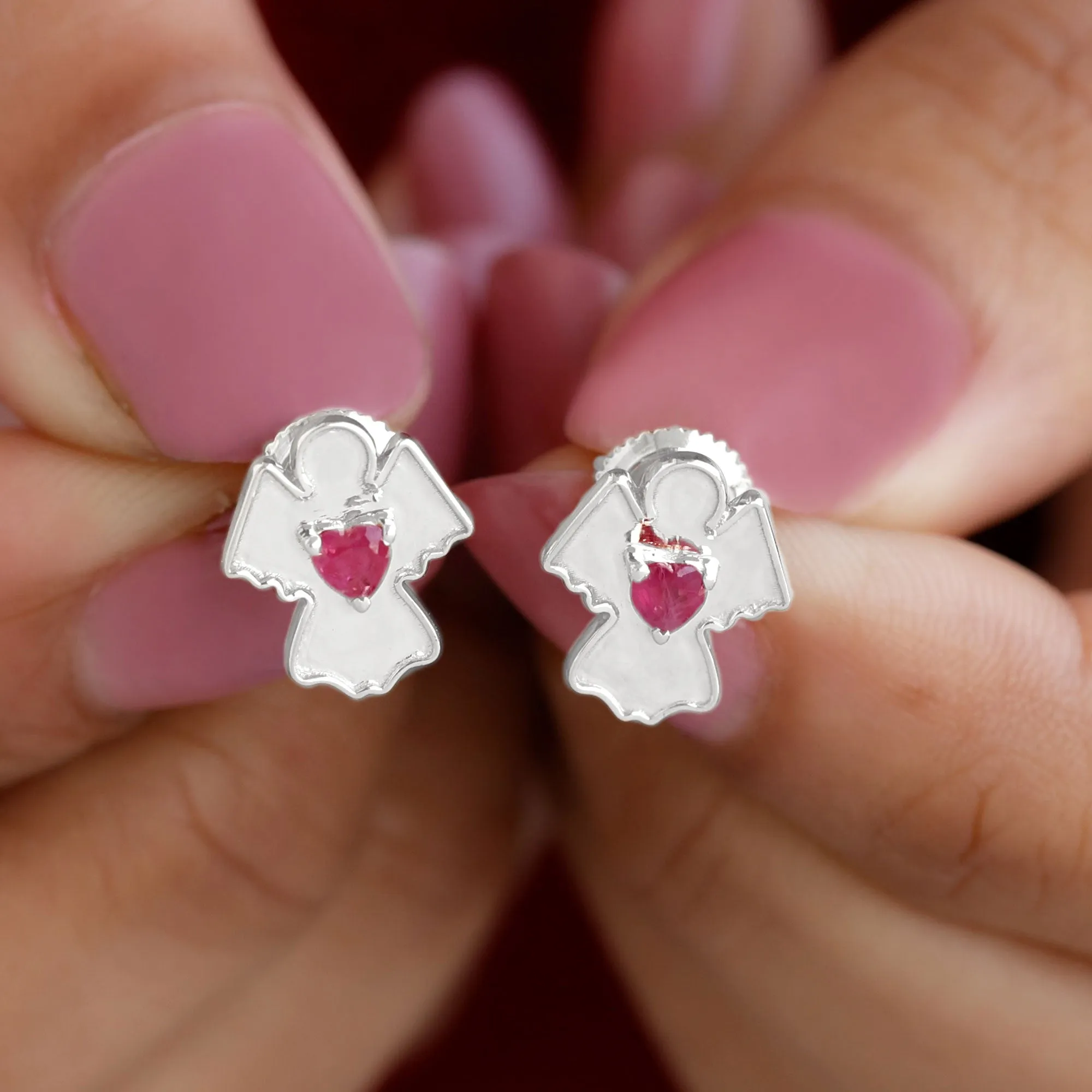 Angel Stud Earrings with Heart Shape Ruby
