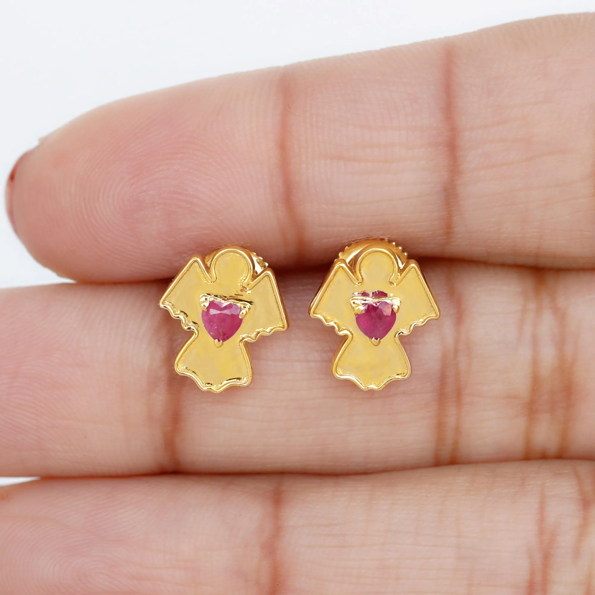 Angel Stud Earrings with Heart Shape Ruby