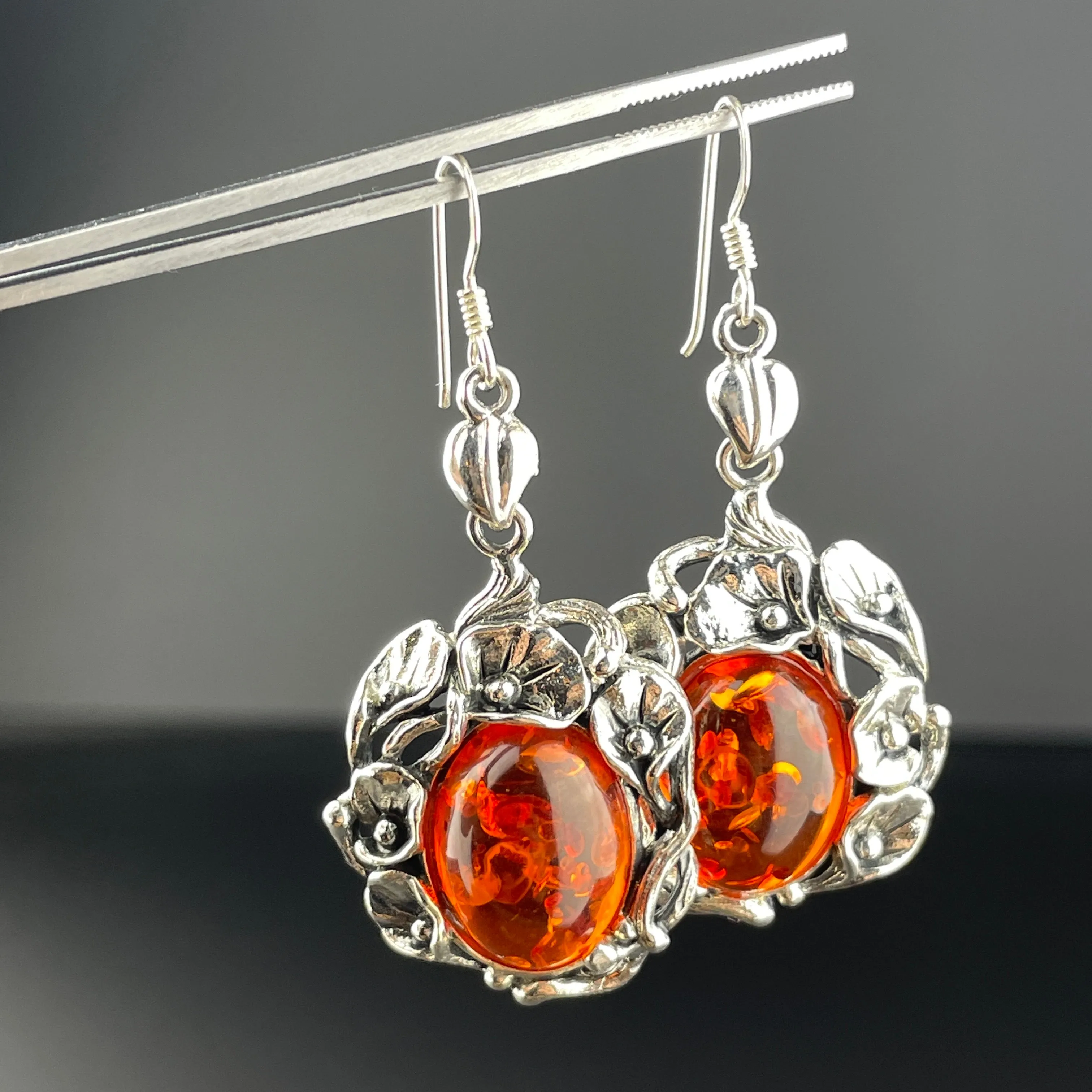 Arts and Crafts Style Silver Floral Baltic Amber Earrings
